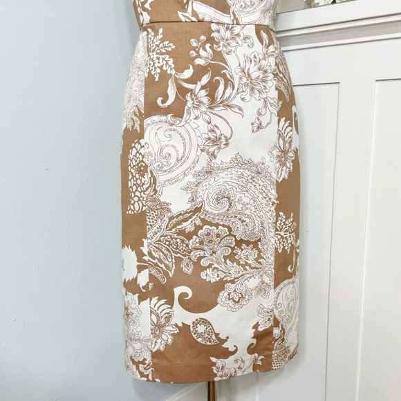 Talbots Paisley Floral Print Sheath Dress Tan & Cream Pleated Neckline 10 - Picture 4 of 9